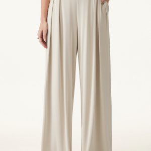 Sandwashed Mid Rise Pleated Wide Leg Palazzo Pants with Pockets
