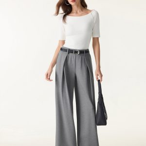 Wrinkle-Resistant Stretchy High Rise Wide Leg Pants with Pockets