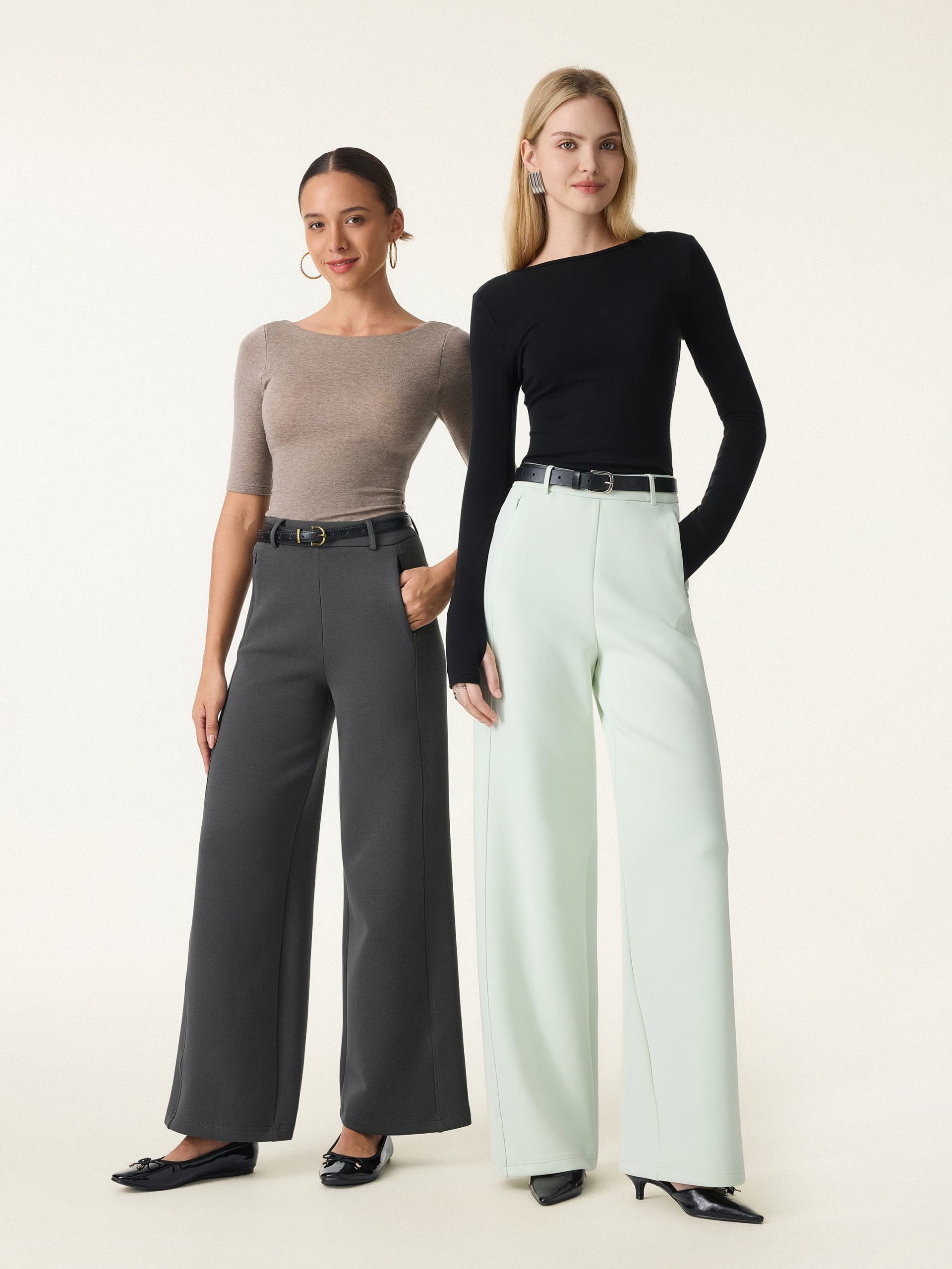 Stretch Cotton Blend Slimming High Rise Wide Leg Pants - Image 2
