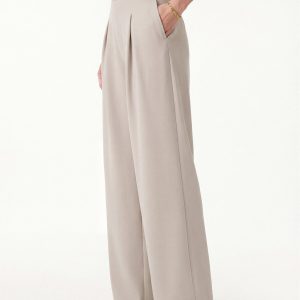 Wrinkle-Resistant Mid Rise Wide Leg Pleated Pants with Pockets